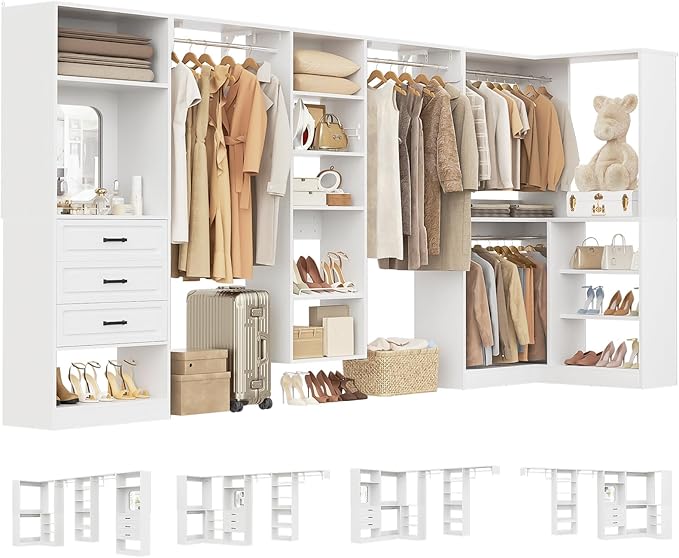 Unikito Modular Closet System with 3 Sets, 131”Corner Closet Organizer System With Mirror, Drawers, Hanging Rods & Adjustable Shelves, Freestanding Wood Wardrobe Organizer, Walk in Closet Tower, White