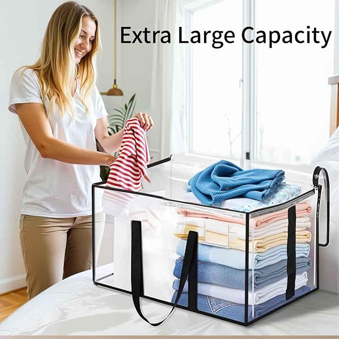 4 Pack-Extra Large Heavy Duty Moving Bags - Waterproof Storage Totes with Handles & Zippers, Foldable for College Dorm, Storage (Clear)