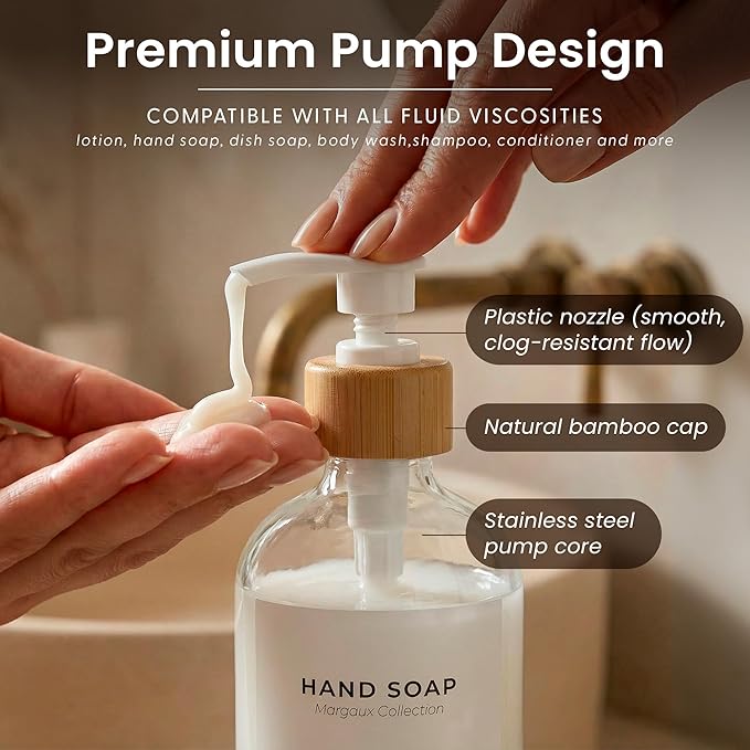 MaisoNovo Glass Hand Soap Dispenser | Dish Soap Dispenser for Kitchen | 16.9oz Clear Bottles with White Bamboo Pump | Bathroom Lotion Dispenser