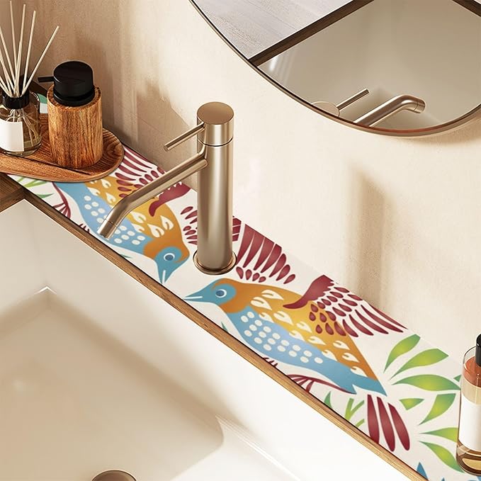 Kitchen Sink Splash Guard Sink Faucet Mat Faucet Handle Drip Catcher Drain Mats for Kitchen Bathroom Countertop Absorbent Dish Drying Mat Pad 2pack 14.7x5.4Inch Retro Floral Birds