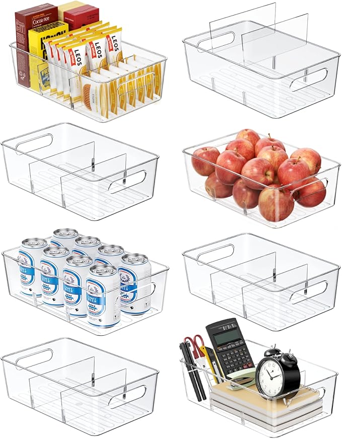 Pantry Organizers and Storage, 8 Pack Snack Organizer for Pantry Shelf,Food Storage Bins with Divider,Clear Containers for Organizing,Transparent Plastic Basket,Refrigerator and Fridge Bins