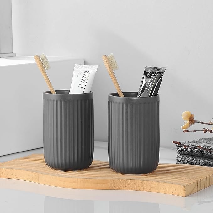 Matte Grey Toothbrush Holders for Bathrooms - Ceramic Toothbrush Toothpaste Holders Set, Bathroom Tumbler Cups Reusable Toothbrush Cup Grey Mouthwash Cup, Counter Organizer.