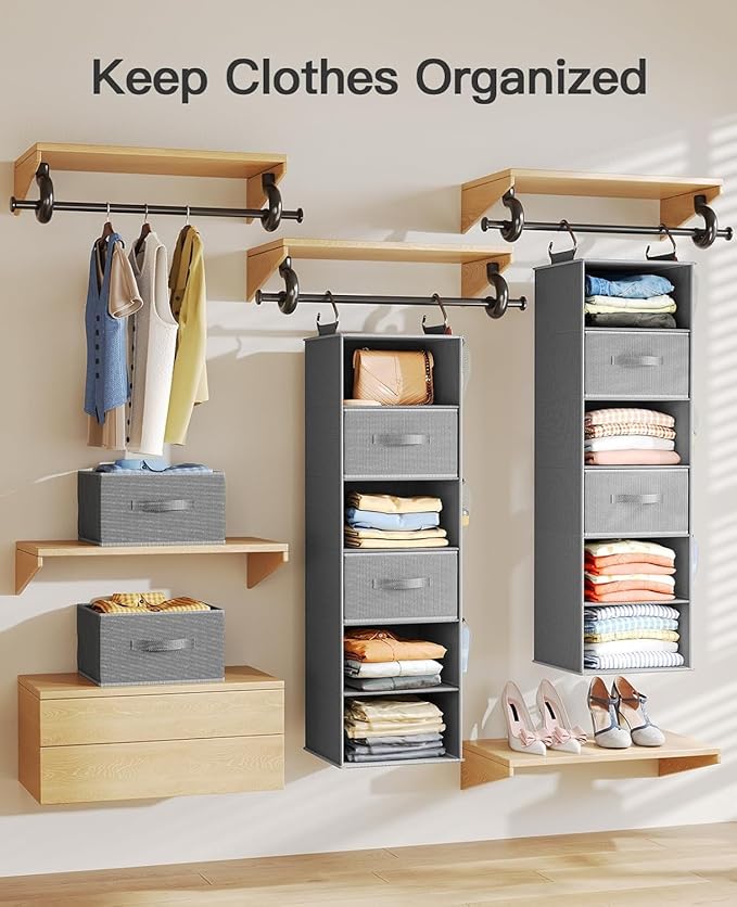 Pipishell Hanging Closet Organizer 6-Shelf, Hanging Shelves for Closet with 3 Removable Drawers & Side Pockets for Bedroom, Garment Rack and Wardrobe Organization, 12' x 12' x 43.3', Dark Gray