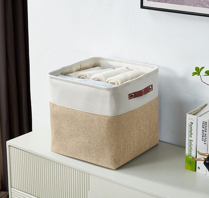 DECOMOMO Storage Cubes, 11x11 Cube Storage Bins, Baskets for Shelves (Beige & White, 4 Pack)