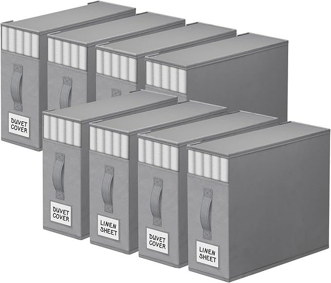 8 Pack Bed Sheet Closet Organizers and Storage,Sturdy Foldable Storage Containers with Window and Label,Storage and Organization for Bedding Sheets,Duvet Covers,Blankets (Grey)