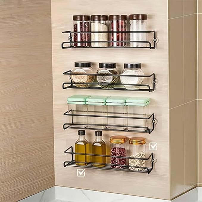 No-Drill Wall-Mounted Spice Rack, Carbon Steel Wall-Mounted Kitchen Spice Rack, Kitchen Hanging Condiments Storage, Wall-Mounted Spice Rack for Cabinet Door Storage, For Kitchen Organization (Large)