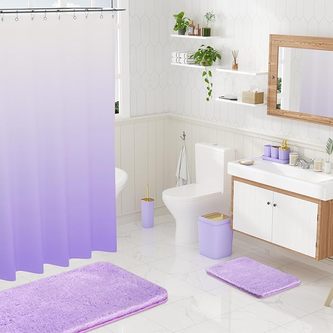 Bathroom Set - Purple Bathroom Sets with Shower Curtain and Rugs, 24PCS Shower Curtain Set with Hooks, Soap Dispenser, Soap Dish, Toilet Brush Holder and Trash Can for Housewarming