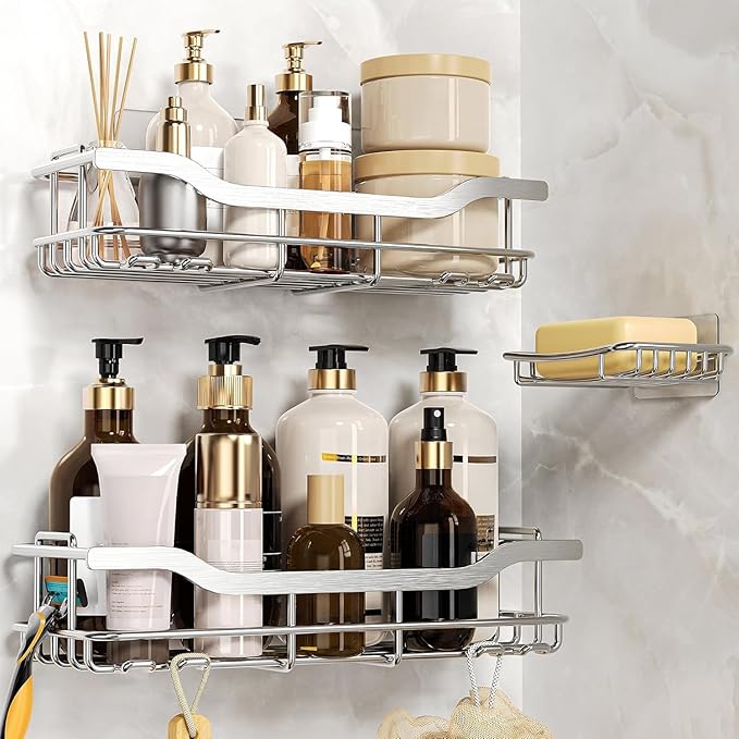 OMAIRA 3-Pack Shower Caddy with Soap Holder, Adhesive Rustproof No-drill Strudy Loading Inside Shower Organizer Shelves Rack Storage Bathroom Organization for Smooth Wall Glass Tile, Silver (X-Large)