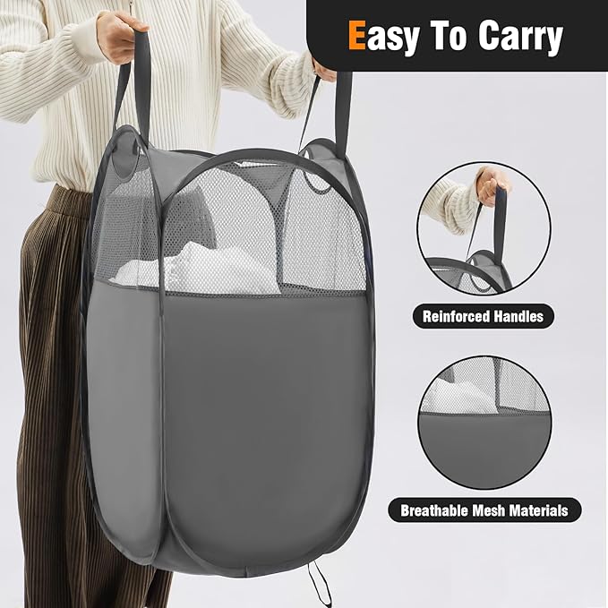 TECHMILLY Pop Up Foldable Laundry Basket, Mesh Laundry Hamper with Reinforced Handles for Dirty Clothes Storage in Dorm, Laundry Room, Bathroom, Grey(Fabric), 2 Pack
