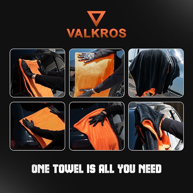 VALKROS X- Large Car Drying Towel, 36x24 Microfiber Towels for Cars, 1300 GSM, 70/30 Blend, Dual-Sided Highly Absorbent Twisted-Loop Edgeless Car Detailing Cloth, Scratch/Streak-Free [Orange/Black]