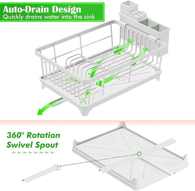 Dish Drying Rack - Space-Saving Small Dish Rack for Kitchen Counter, Rust-Resistant Kitchen Drying Rack, Compact Dish Drainer Organizer with Utensil Holder for Home Kitchen, White