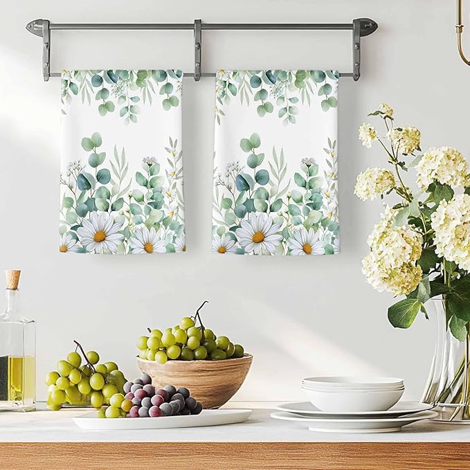 Kitchen Towels Set of 2, Green Eucalyptus Leaves Soft Microfiber Dish Towels, Summer Botanical Watercolor Daisy Absorbent Washable Dishcloths for Kitchen Cleaning, Drying Dishes, 18x28 Inches