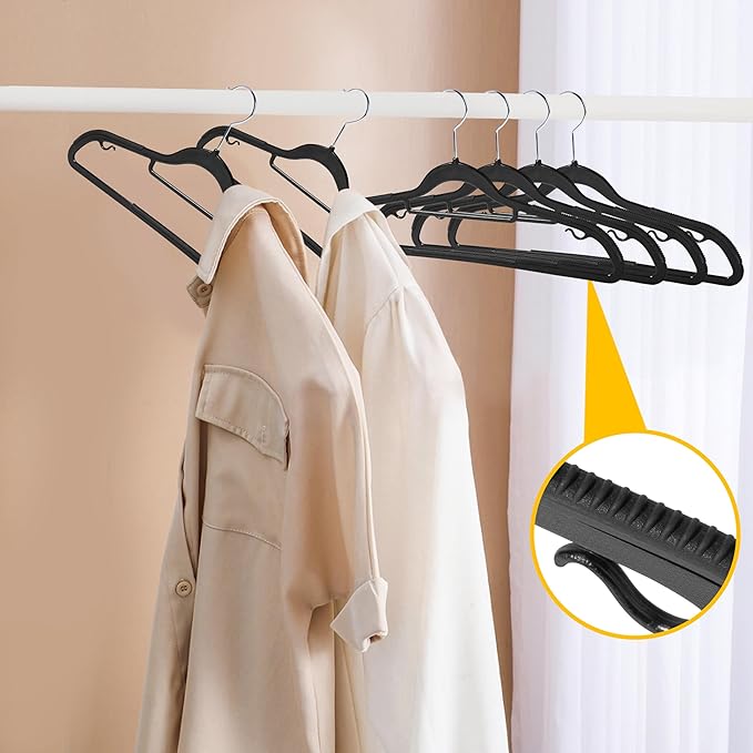 Quality Clothes Hangers 50 Pack - Non-Velvet Plastic Hangers for Clothes - Heavy Duty Coat Hanger Set - Space-Saving Closet Hangers with Black Swivel Hooks - Functional Non-Flocked