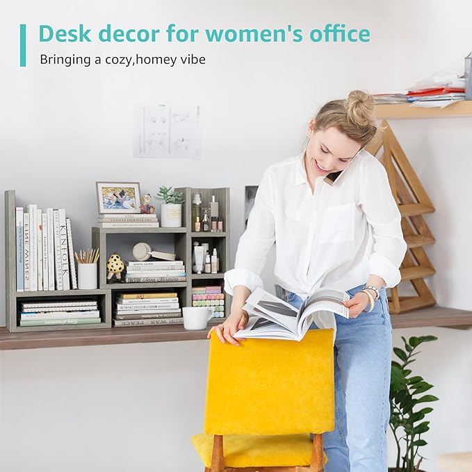 Desk Shelves Desktop Orgnizer Shlef - Grey Office Organization for Top of Desk Organizers and Accessories Corner Bookshelf Table Top Shelving Small Hutch Decorations for Office