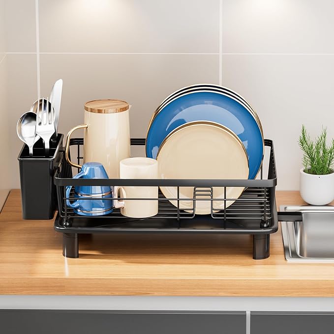 Dish Drying Rack, Stainless Steel Dish Racks for Kitchen Counter, Sink Organization and Storage Essentials, Kitchen Organizer for Forks, Spoons Dishes,Cup and Bottle (Black, 14.96''*11.02''*6.69'')
