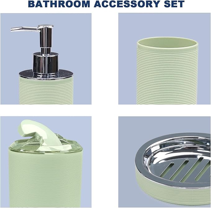 CERBIOR Bathroom Accessories Set Bath Ensemble Includes Soap Dispenser, Toothbrush Holder, Toothbrush Cup, Soap Dish for Decorative Countertop and Housewarming Gift (Apple Green)