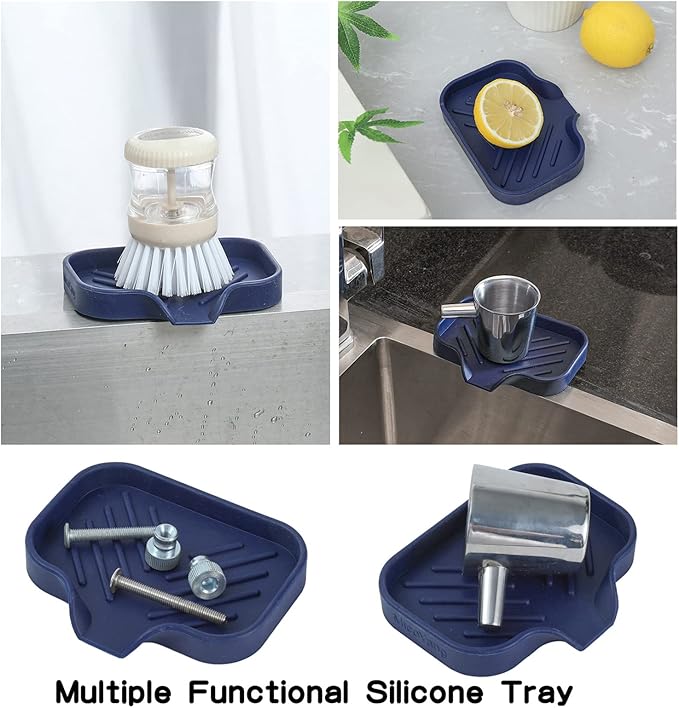 MicoYang Silicone Bathroom Soap Dishes with Drain Spout-Kitchen Sink Organizer,Sponge Holder,Dish Soap Tray,Perfect for Dispenser,Scrubber,Bottle,Cup on Sink or Counter-Navy Blue 4.9"×3.2"