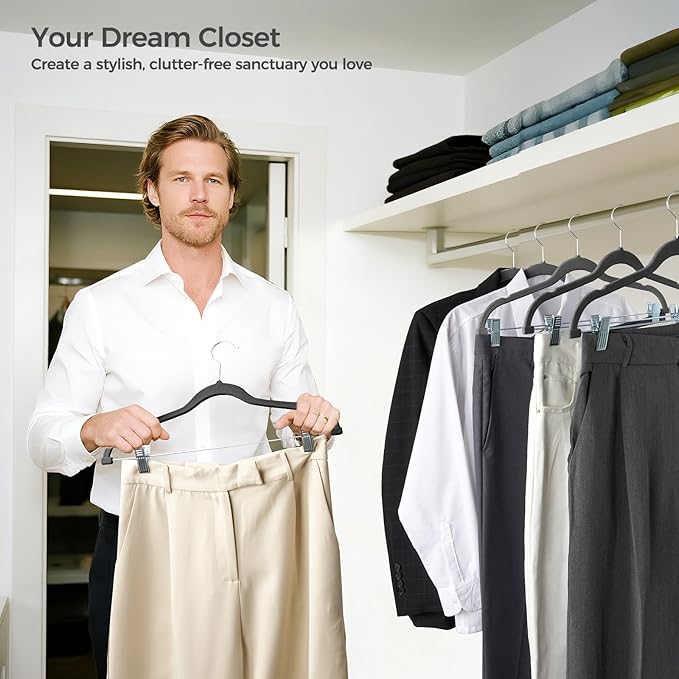 HOUSE DAY Velvet Hangers with Adjustable Clips 20 Pack, Non-Slip Suit Organizer with 360° Hook - Heavy Duty Hanger for Pants, Skirts, Blouses, Dresses - Outfit Hangers All-Season Space Saver (Black)