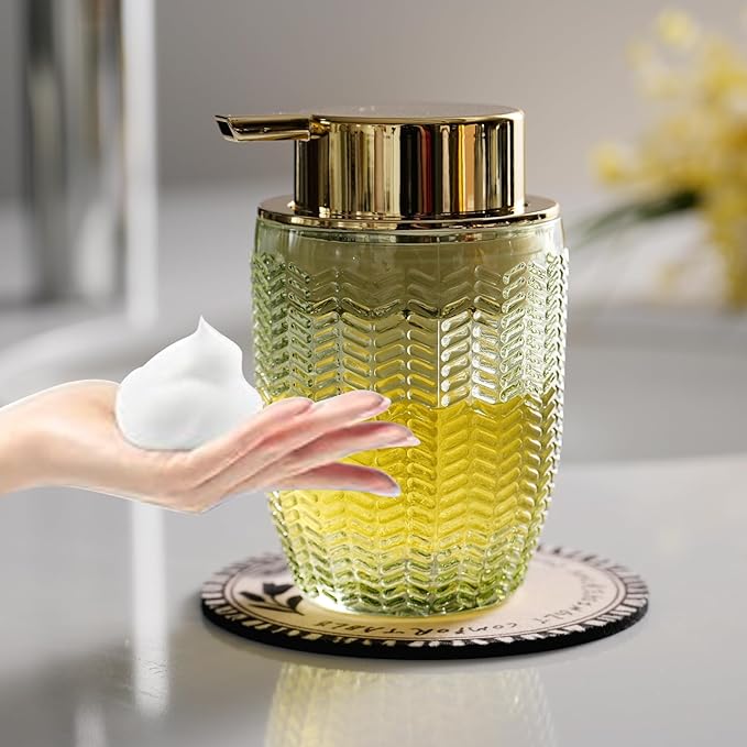 Foaming Hand Soap & Lotion Dispenser, Refillable Glass with Large Gold Pump(Barrel Pattern-Green)