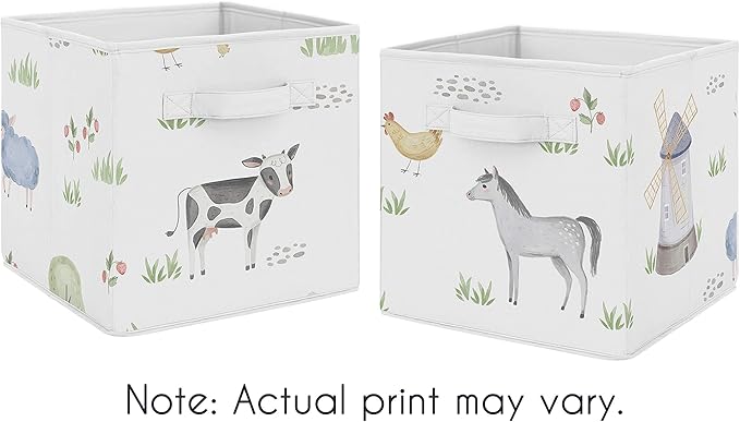Sweet Jojo Designs Farm Animals Foldable Fabric Storage Cube Bins Boxes Organizer Toys Kids Baby Childrens - Set of 2 - Watercolor Farmhouse Horse Cow Sheep Pig