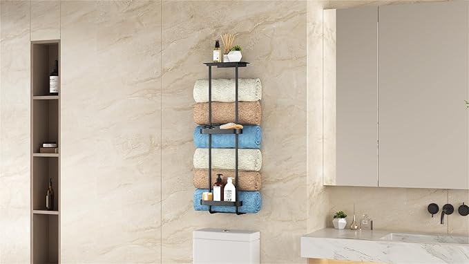 Bathroom Towel Storage, 36.4 Inch Towel Racks for Bathroom Wall Mounted with Shower Caddy with Metal Shelf, Black