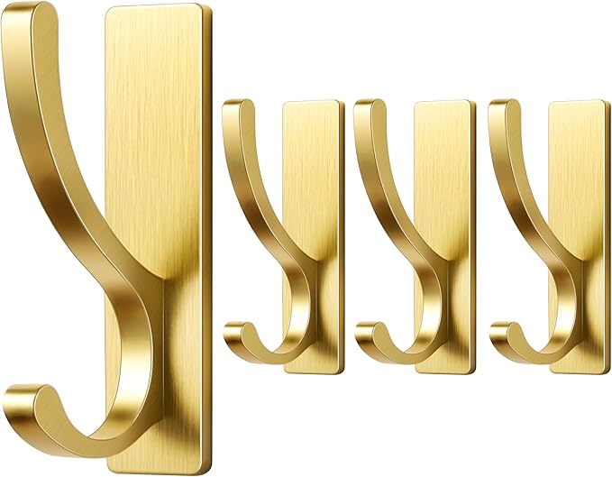 pickpiff Adhesive Wall Hooks for Towels - Sticky Hook Hanging Heavy Duty (13lb), Hanger for Door, Bathroom, Dorm, Closet - for Coats, Purse, Bag, Robe - No Damage to Wall - Gold 4 Pack