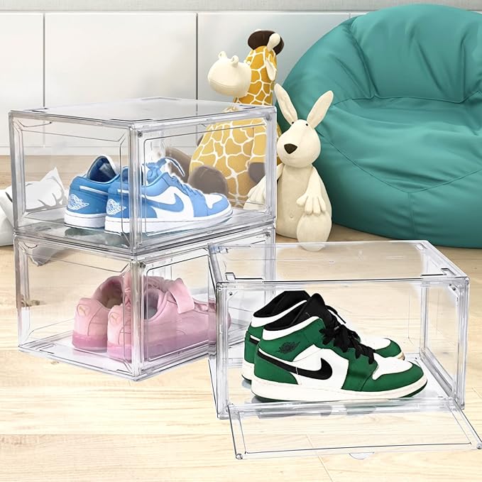 EDS FAM 4 Pack Large Acrylic Shoe Boxes Sneaker Storage for Sneakerheads Clear Plastic Stackable Boot Shoe Collectibles Display Case, Size 13