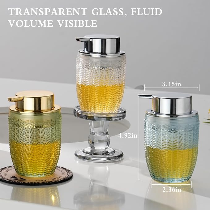 Foaming Hand Soap & Lotion Dispenser, Refillable Glass with Large Gold Pump(Barrel Pattern-Green)