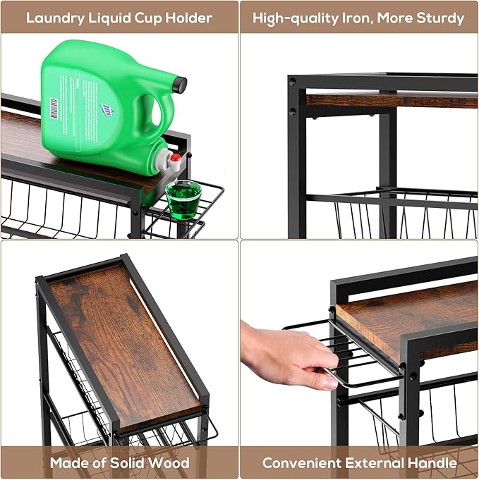 4 Tier Slim Rolling Storage Cart with Pull-Out Baskets, Narrow Sliding Storage Slim Laundry Rolling Cart Between Washer and Dryer
