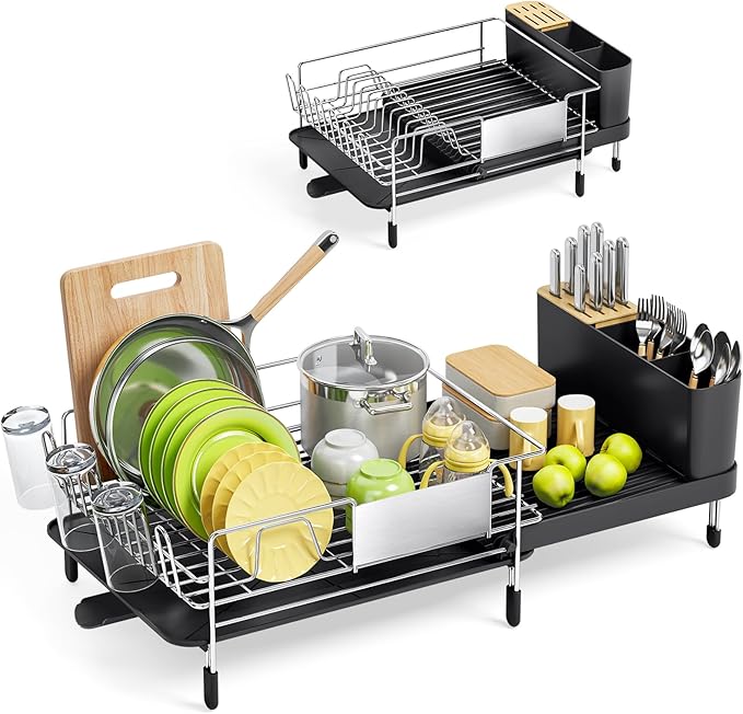 Large Dish Drying Rack - 304 Stainless Steel Dish Rack for Kitchen Counter, Extendable Dish Drainers with Cutlery & Cup Holders, Black