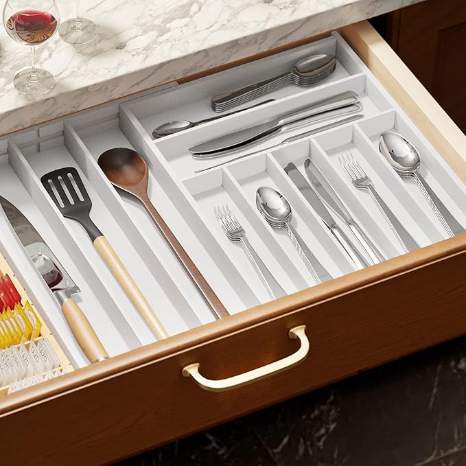 SpaceAid Bamboo Silverware Drawer Organizer with Labels, Kitchen Utensil Expandable Tray Holder Organizer for Flatware, Cutlery, Spoon and Knives Drawer Storage Organization (White, 10 Slots)