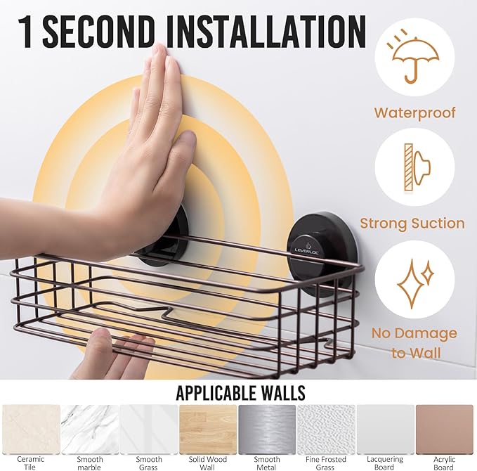 LEVERLOC Shower Caddy Suction Cup, 2 Pack Shelves for Inside with Hooks and Soap organizer, NO-Drilling Bathroom Holder, Rustproof Meatl Bathroom Basket, Brown
