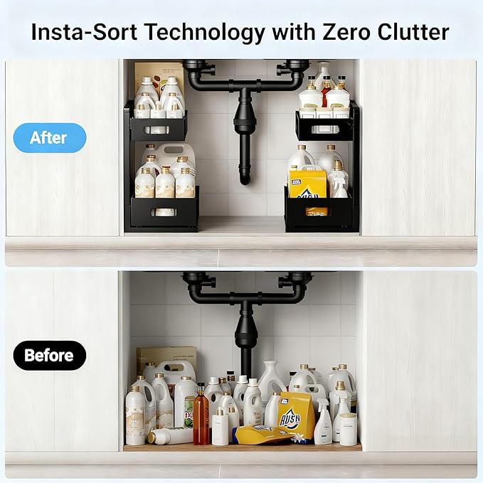 Under Sink Organizer, Adjustable Height 2 Tier Under Sink Organizers and Storage Multi-Purpose Under Sink Storage for Bathroom Kitchen