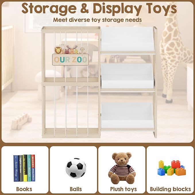 Wooden Toy Storage Organizer with Elastic Bands, Easy to Assemble and Use, Large Capacity Toy Bin Organizer for Nursery Playroom Bedroom, Adorable and Practical Design