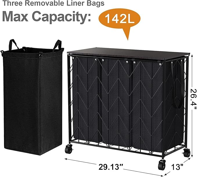 WOWLIVE Laundry Basket with Wheels, 142L Hamper 3 Section with Lid, Dirty Clothes Hamper with Removable Bags, Large Capacity Iron-Made Organizer Laundry Sorter for Dorm, Black
