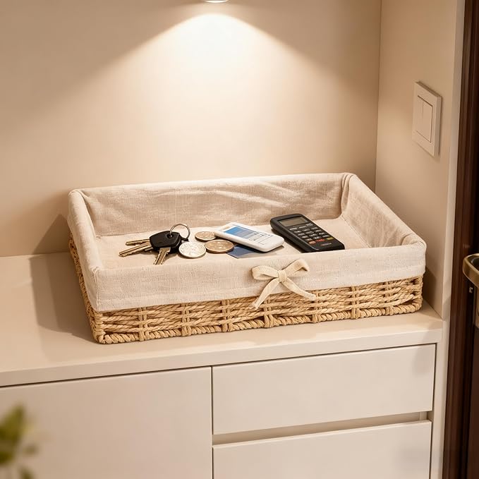 Set of 4 Wicker Baskets for Organizing – Khaki Paper Rope, Fabric Lined Shallow Shelf Storage Bins, Handwoven Rectangular Pantry & Closet Organizer Baskets