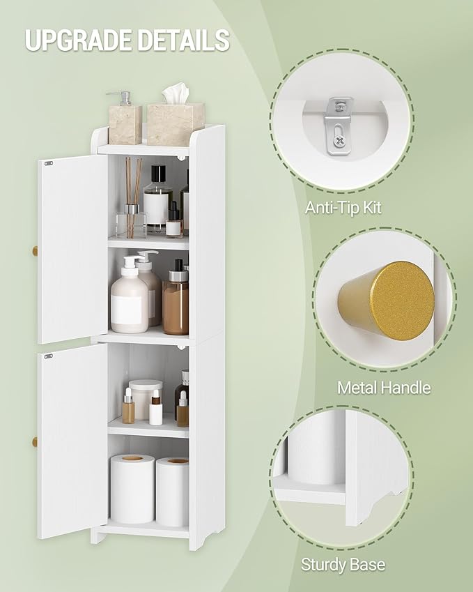 Bathroom Storage Cabinet, Small Corner Floor Cabinet with 2 Doors and Adjustable Shelf, Narrow Toilet Paper Cabinets, Bathroom Organizer for Small Spaces, 7.9" D x 7.9" W x 29.5" H White