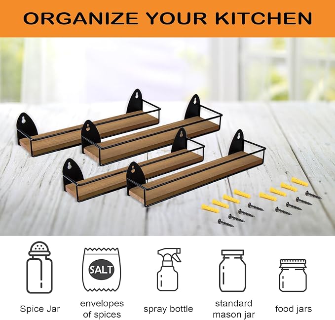 TJ.MOREE 4 Pack Spice Rack Wall Mounted Rustic Style Hanging Spice Organizer for Wall, Kitchen Spice Storage, Black