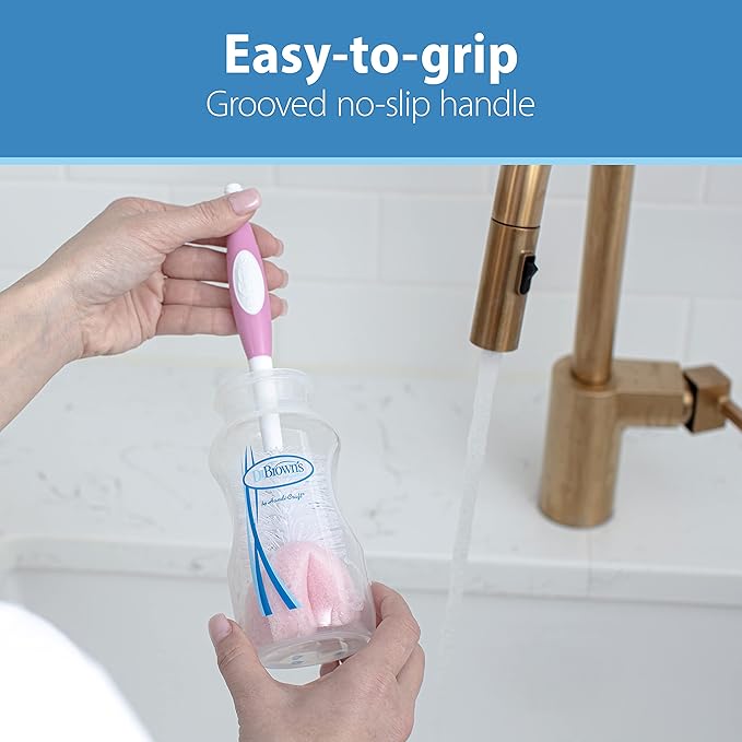 Dr. Brown's Reusable Sponge Baby Bottle Cleaning Brush with Suction Cup Stand, Scrubber and Nipple Cleaner, BPA-Free, Blue/Gray/Pink, 3-Pack