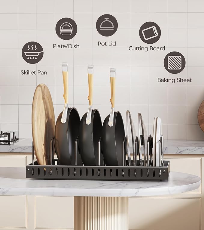Pull Out Pots and Pans Organizer Under Cabinet, Sliding Lid Holder and Pan Rack in Kitchen, Slide Out Inside Cabinet Storage for Pot Lid, Bakeware, Dishes, 8 Adjustable Dividers, 2 Pack Black