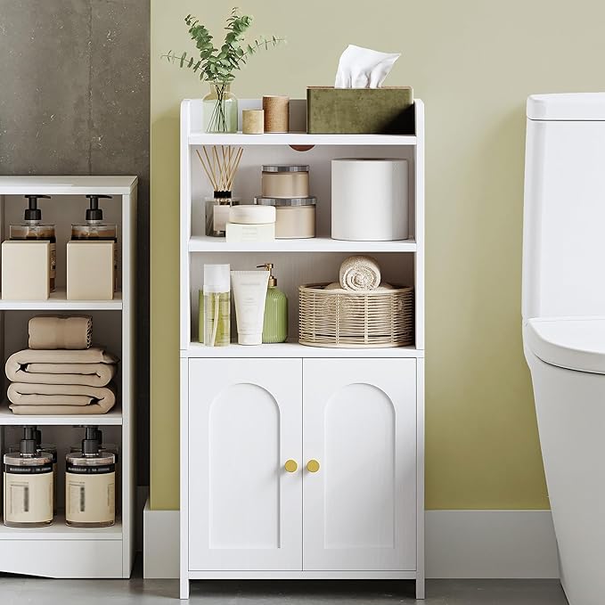 Small Bathroom Storage Cabinet, Bathroom Organizers and Storage with 2 Doors and Shelves, Floor Cabinet Freestanding with Adjustable Shelf for Small Spaces, White 7.9" D x 14.6" W x 29.6" H