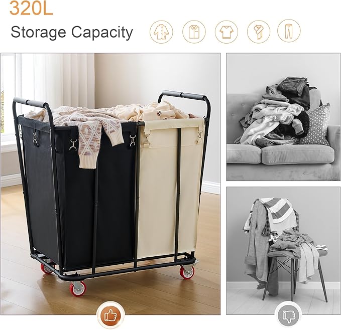 Hoctieon 2 Section Laundry Sorter Cart, 400L Rolling Hamper with Wheels, Industrial Laundry Basket Organizer, Extra Large Dirty Clothes Hamper for Home & Hotel, Heavy Duty, Black+Beige