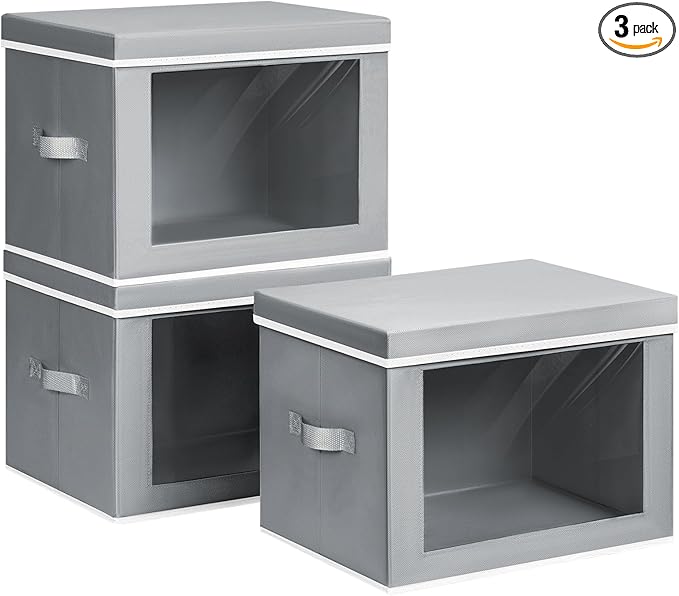 Storage Bins with Lids, 3 Pack Large Storage Cubes with Window, Closet Bins with Lids & Handles, Fabric Box for Organizing Clothes, Towels, Books, Grey