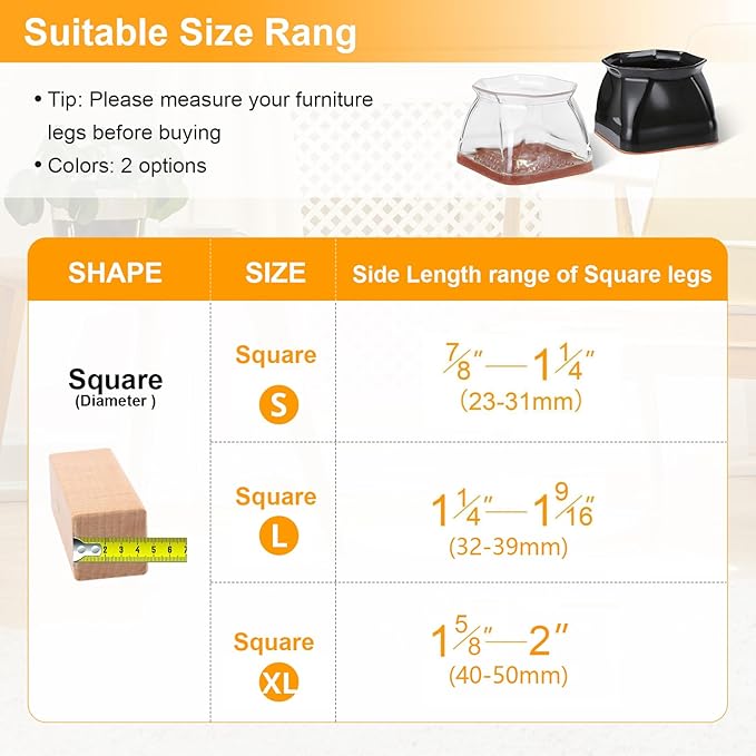 CHUNZEXI 24 Pack Square Chair Leg Floor Protectors for Hardwood Floors, Silicone Felt Covers Pads Caps, Protect Wood Furniture Feet Floors Noise Reduce and Scratch (Square X-Lager & Clear)