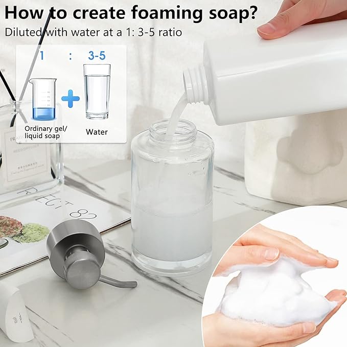 Foaming Soap Dispenser Set, 12 Oz Glass Hand Soap Dispenser with 304 Rust Proof Stainless Steel Pump, Waterproof Labels, for Bathroom Decor Kitchen College Dorm, Clear Silver Pump
