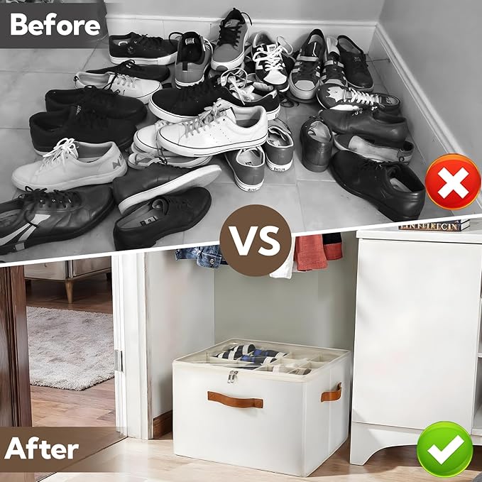 2 Pack Shoe Organizer for Closet, Foldable Shoe Storage Bins with Clear Cover and Adjustable Dividers, Fits up to 16 Pairs, Large Shoe Box Storage Containers with Reinforced Handles (Beige)