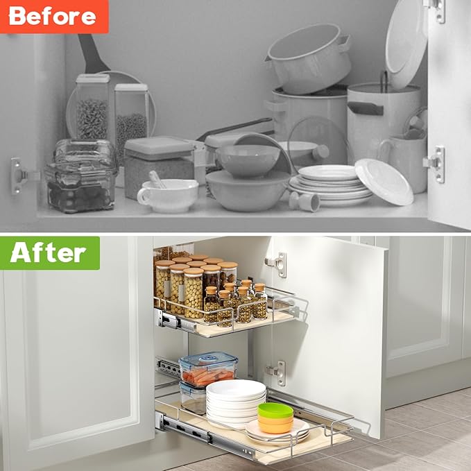 ROOMTEC 2 Tier Individual Pull Out Cabinet Organizer 13½"W x 21½"D, Slide Out Wood Shelves Organizers, Pull Out Drawers Organization and Storage for Kitchen Cabinet