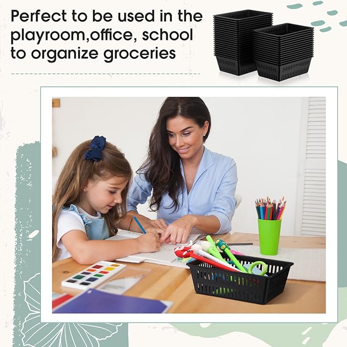 Sherr 36 Pack Classroom Storage Basket Small Plastic Basket for Organizing Crayon Pencil Container Storage Bin Tray Holder for Paper Shelf Back to School Office Supply 6.1" l x 4.3" w x 2.4" h(Black)