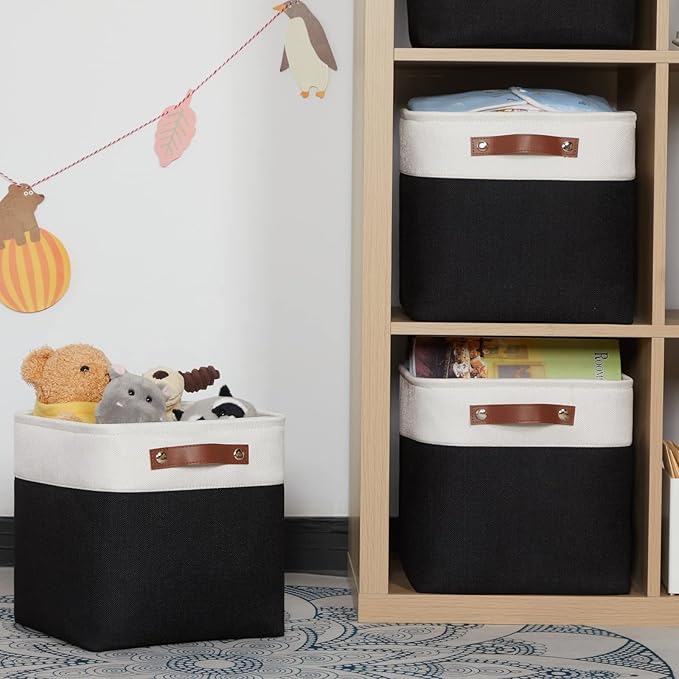 HNZIGE Foldable Storage Basket set,Fabric Storage Baskets for Shelves,Linen Closet Organizers (4 Pack) Storage Baskets,11x11 Storage Basket for Books,Clothes,Gifts with Handles(White&Black)