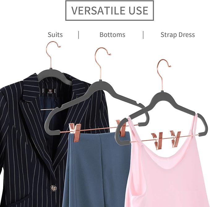 MIZGI Premium Velvet Pants Hangers with Clips (Pack of 20) Slim Skirt Hangers- Non Slip Felt Outfit Dress Hangers Gray - Copper/Rose Gold Hooks,Space Saving Shirt Clothes Hangers
